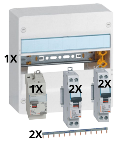 TABLEAU COMPOSE 1 INETRDIF 40A 30mA + 2X C10A + 2XC16A+  2XC20A + 2X PEIGNES