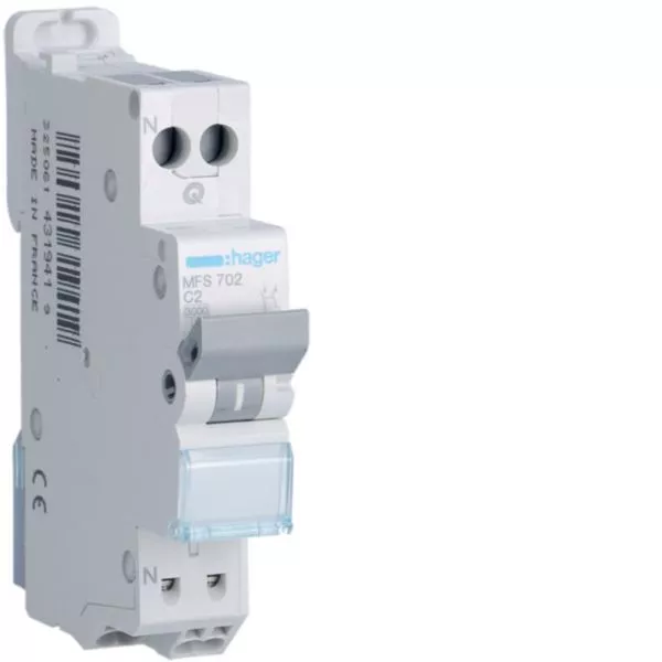 Disjoncteur HAGER MFS702 2A 1P+N Courbe C 3kA - 1 Module Connexion Auto Sans Vis