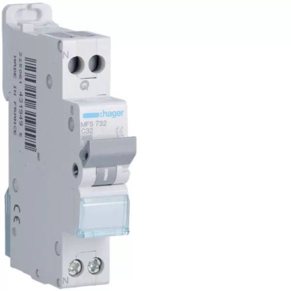 Disjoncteur HAGER MFS732 32A 1P+N Courbe C 3kA SansVis - 1 Module Connexion Auto